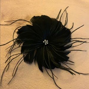 Black Feather and Rhinestone Hair Clip / Broach